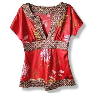 Y2K Women Red Floral Satin Asian Kimono Top M Babydoll Romantic Tattoo Twee VTG